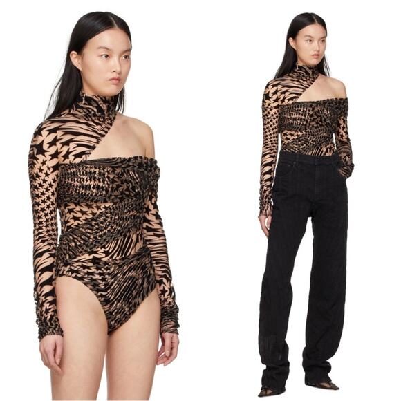 Mugler Star Print One Shoulder Mesh Black and Nude Bodysuit Size L - Picture 4 of 13